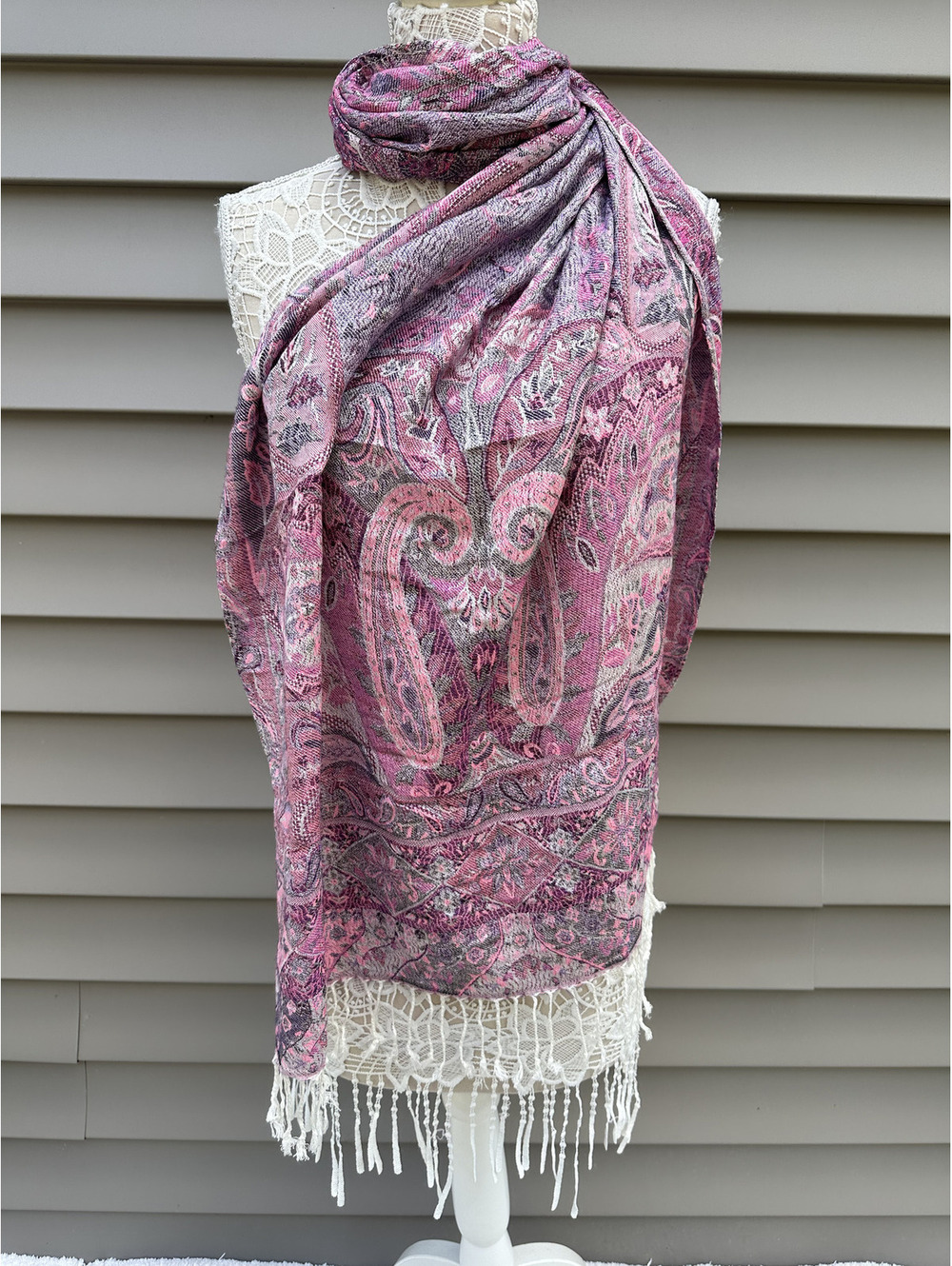 100% Cashmere Pashmina Scarf Pink Purple Paisley Wrap Shawl